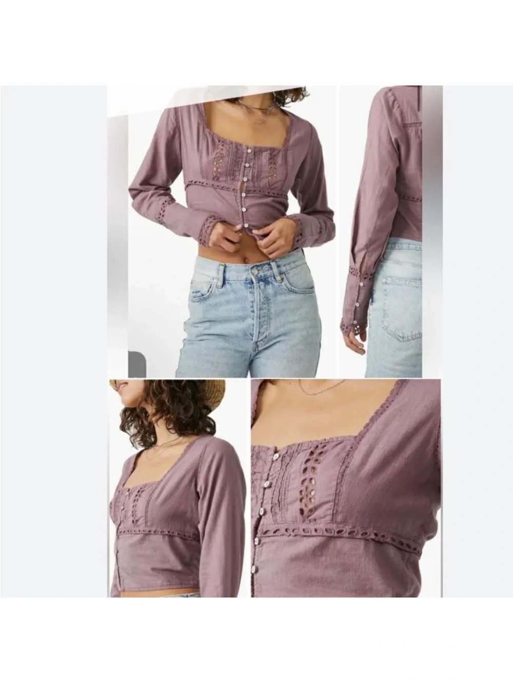 Free People Dusty Mauve Sweetheart Neckline Tiny Button Front Top Small NEW +Tag
